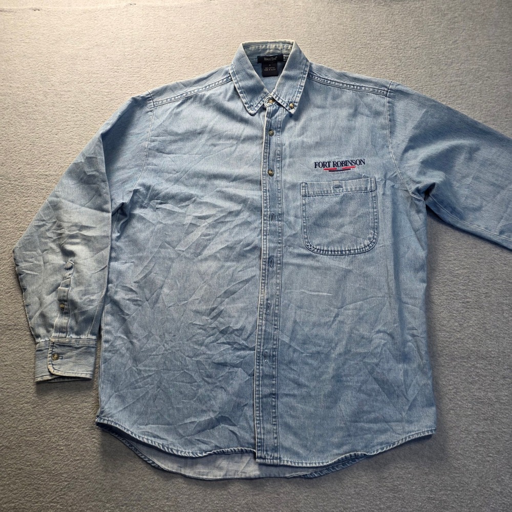 Button Down Shirt Mens Medium Chambray Blue Fort Harrison Embroidered Rivers End